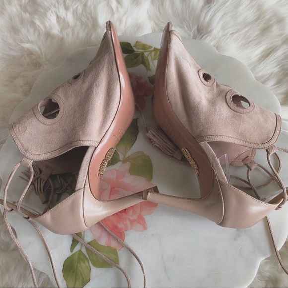 AQUAZURRA FIRENZE NEUTRAL LEATHER TUSSLE HEELED SANDALS - Picture 6 of 16